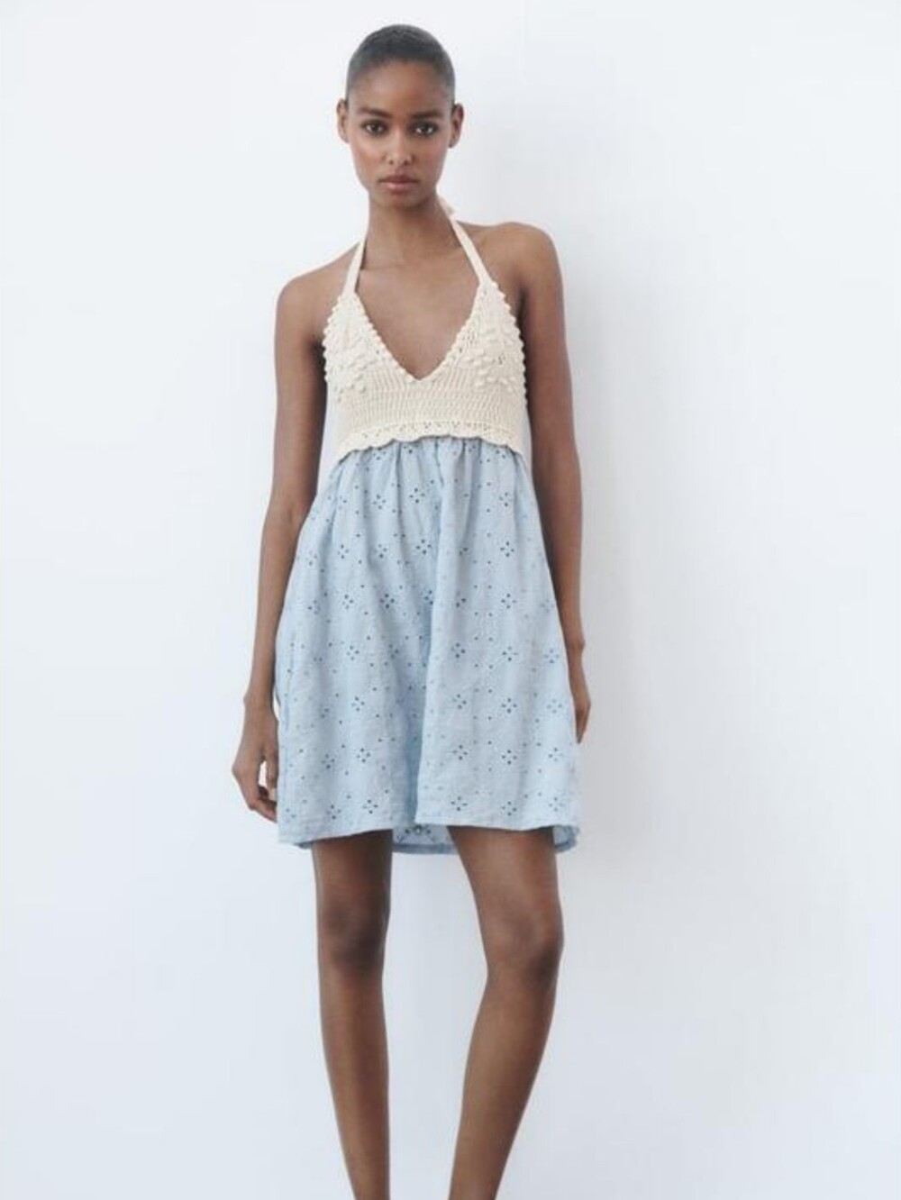 Zara Crochet Eyelet Mini Halter Dress Size S